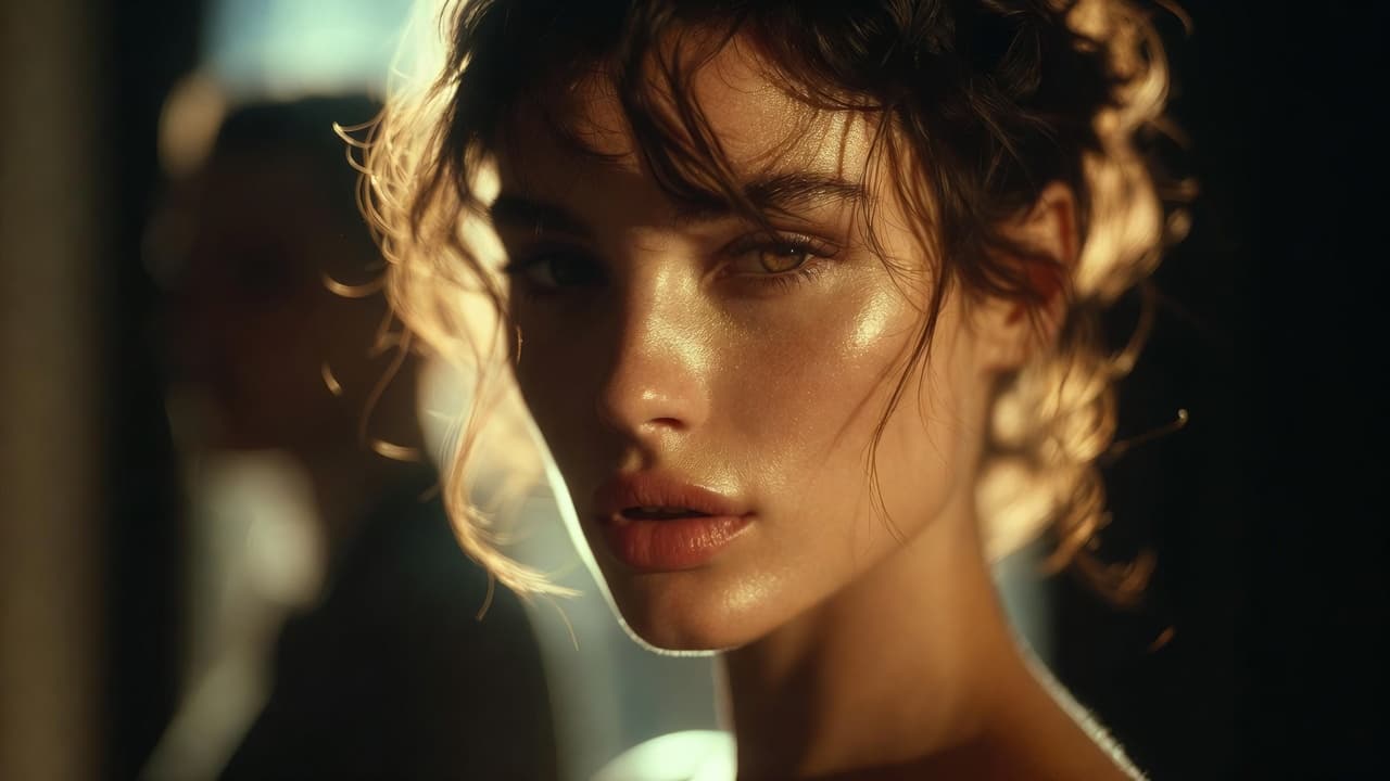 A poised woman with luminous, lit-from-within skin in warm golden light, receiving calm, refined care in an elegant private setting.